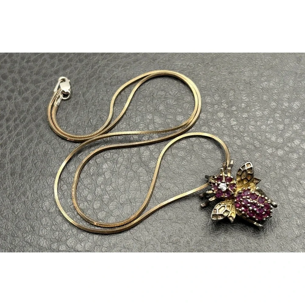 Vintage Insect Bee Ruby Sterling Silver  Pendant Brooch & Chain Necklace  17